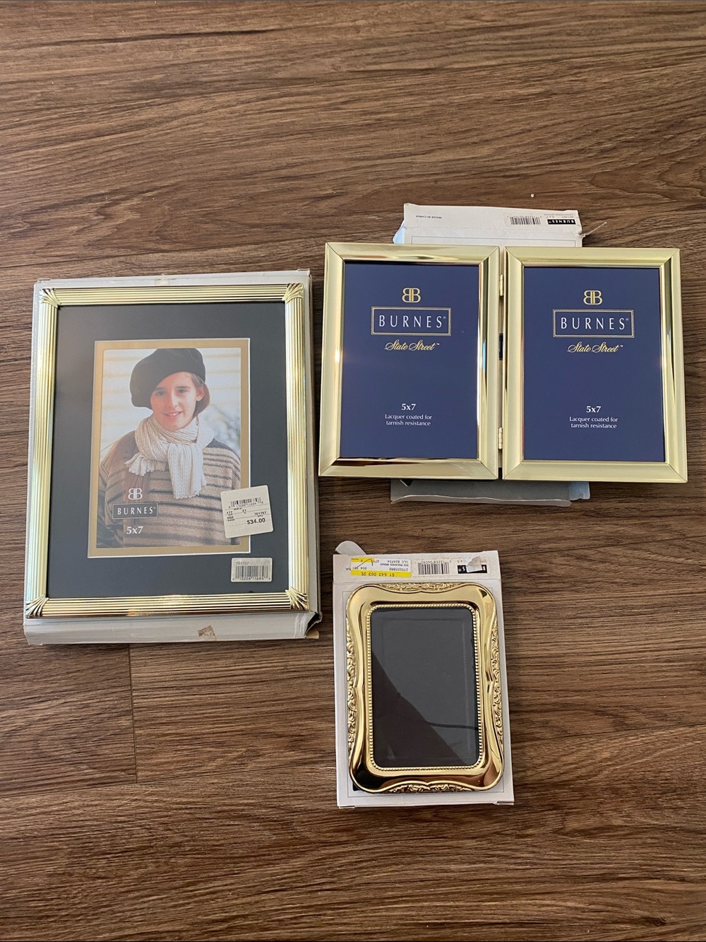 Burnes of Boston gold picture frame set double hinged frame & 2 single portrait